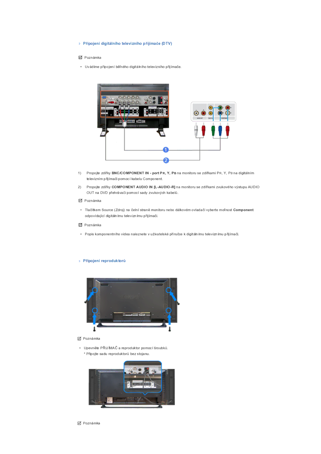 Samsung LS32BHRNS/EDC, LS32BHLNS/EDC, LS32BHPNS/EDC Připojení digitálního televizního přijímače DTV, Připojení reproduktorů 