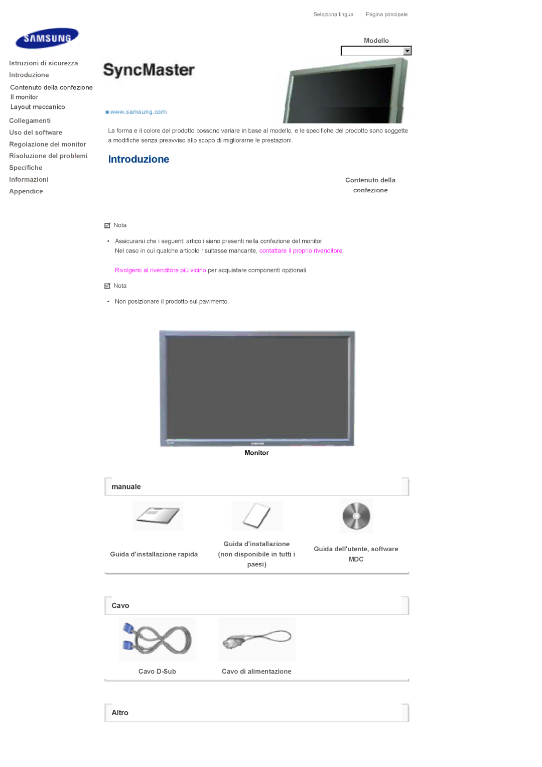 Samsung LS32BHPNS/EDC, LS32BHLNS/EDC, LS32BHYNS/EDC, LS32BHRNS/EDC manual Modello, Contenuto della Confezione, Mdc, Cavo D-Sub 