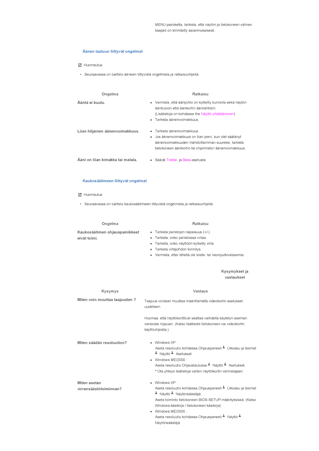 Samsung LS32BHRNS/EDC, LS32BHLNS/EDC manual Ääntä ei kuulu Liian hiljainen äänenvoimakkuus, Ääni on liian kimakka tai matala 