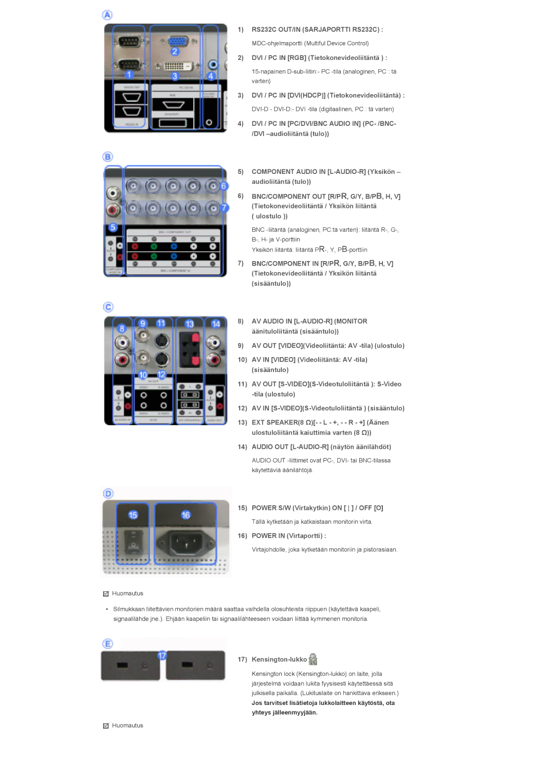 Samsung LS32BHYNS/EDC, LS32BHLNS/EDC, LS32BHPNS/EDC, LS32BHRNS/EDC manual RS232C OUT/IN Sarjaportti RS232C 