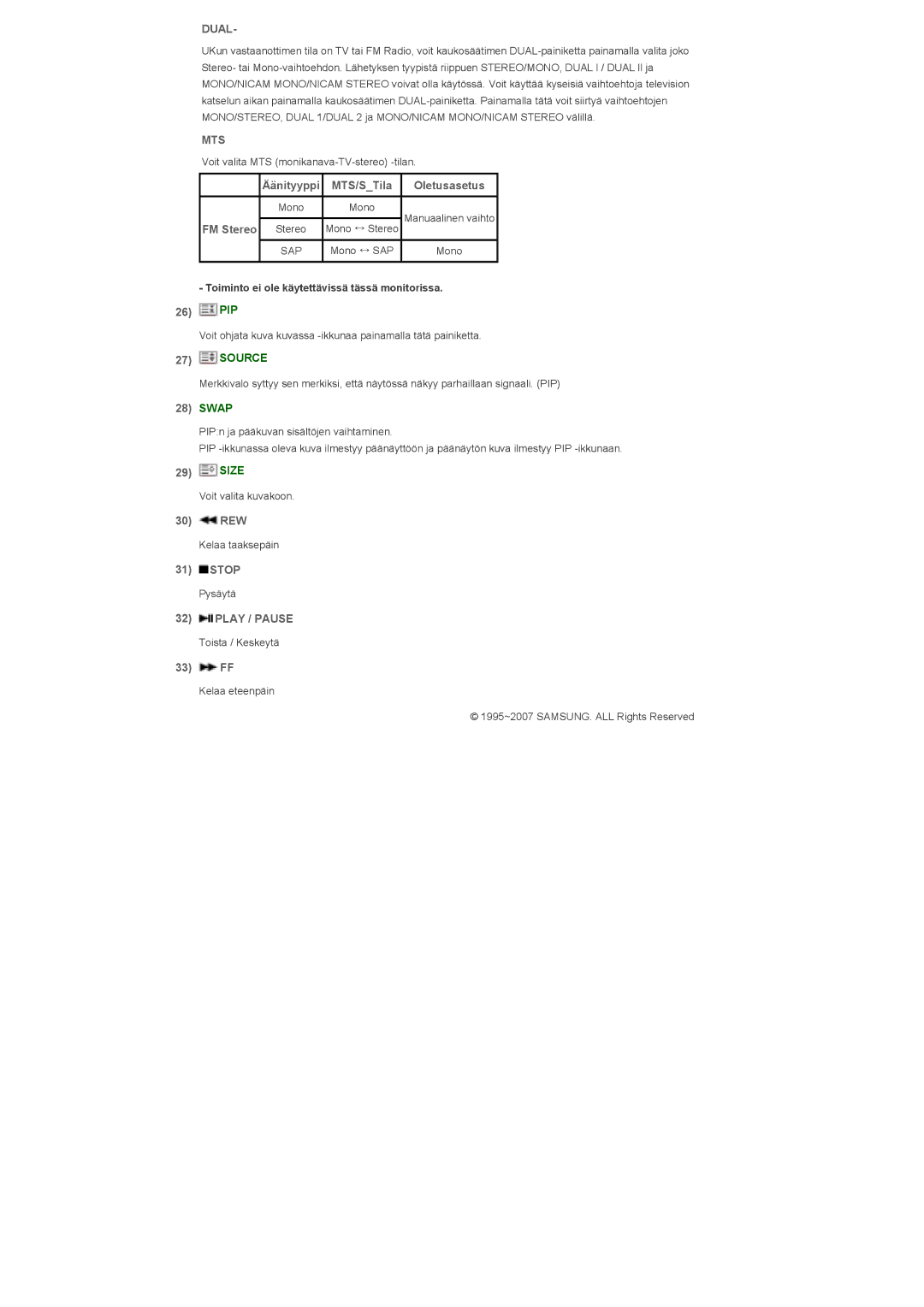 Samsung LS32BHLNS/EDC, LS32BHYNS/EDC, LS32BHPNS/EDC, LS32BHRNS/EDC manual Dual, Mts, Play / Pause 