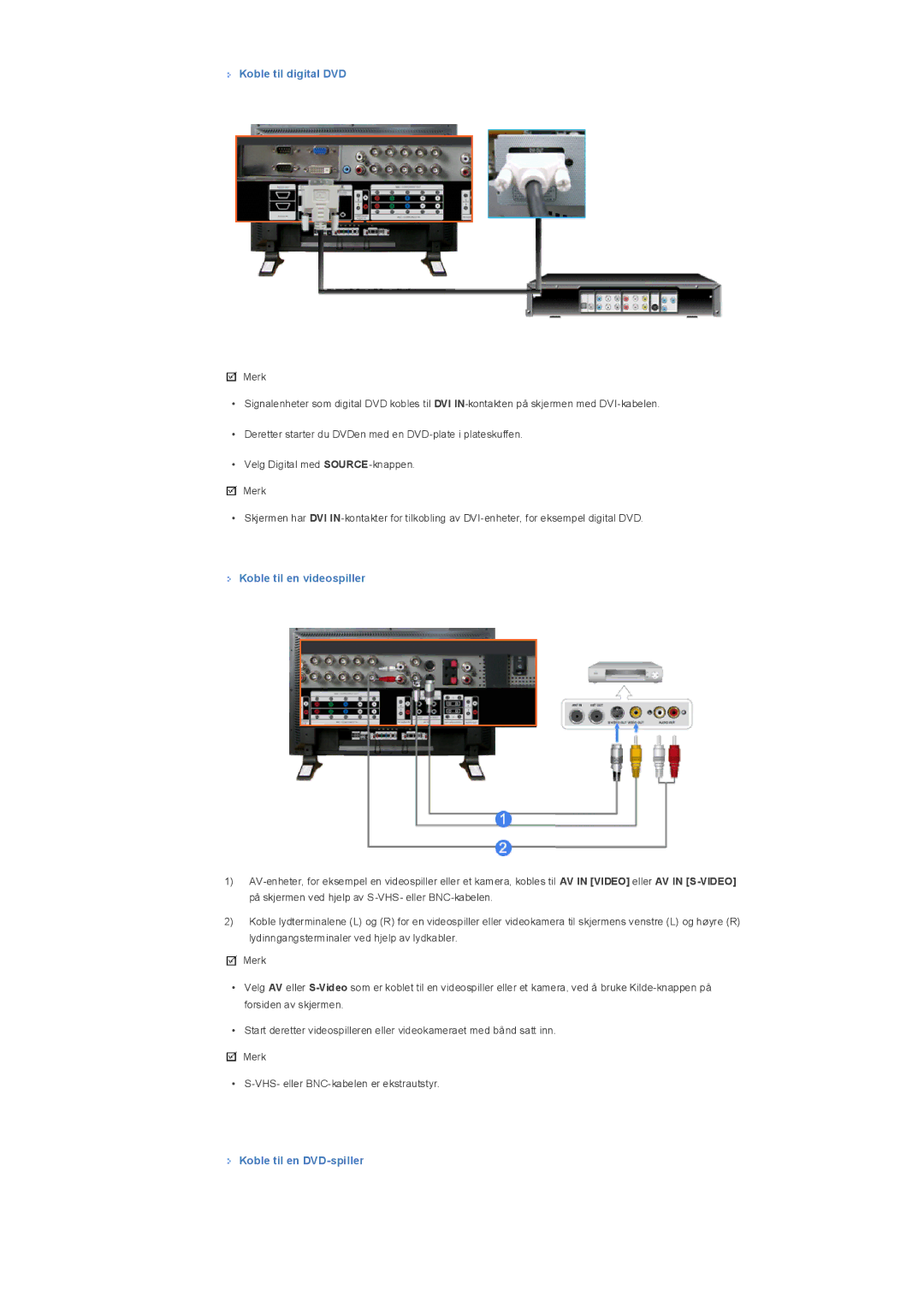 Samsung LS32BHLNS/EDC, LS32BHYNS/EDC manual Koble til digital DVD, Koble til en videospiller, Koble til en DVD-spiller 