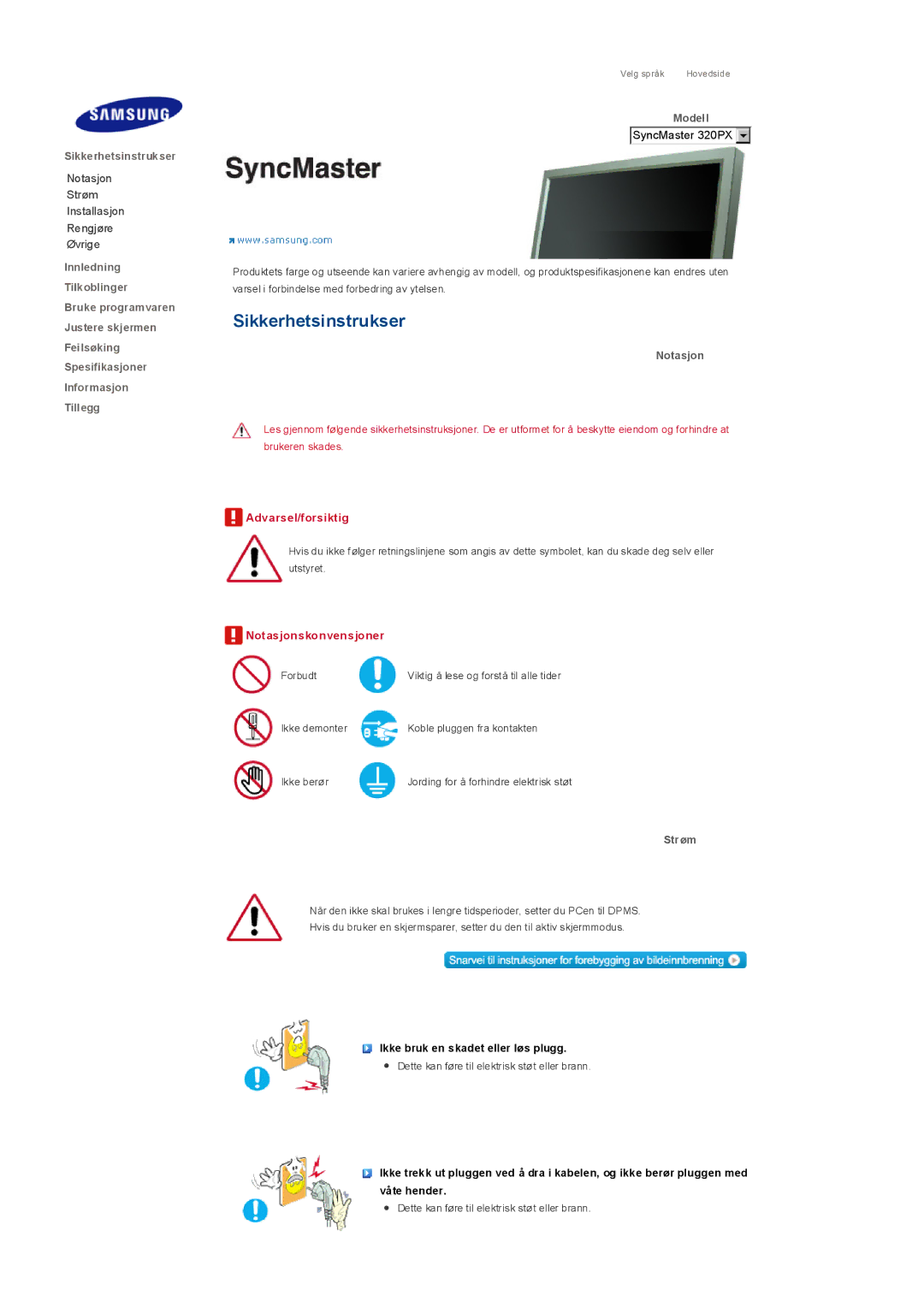 Samsung LS32BHPNS/EDC, LS32BHLNS/EDC, LS32BHYNS/EDC, LS32BHRNS/EDC manual Sikkerhetsinstrukser, Modell, Notasjon, Strøm 