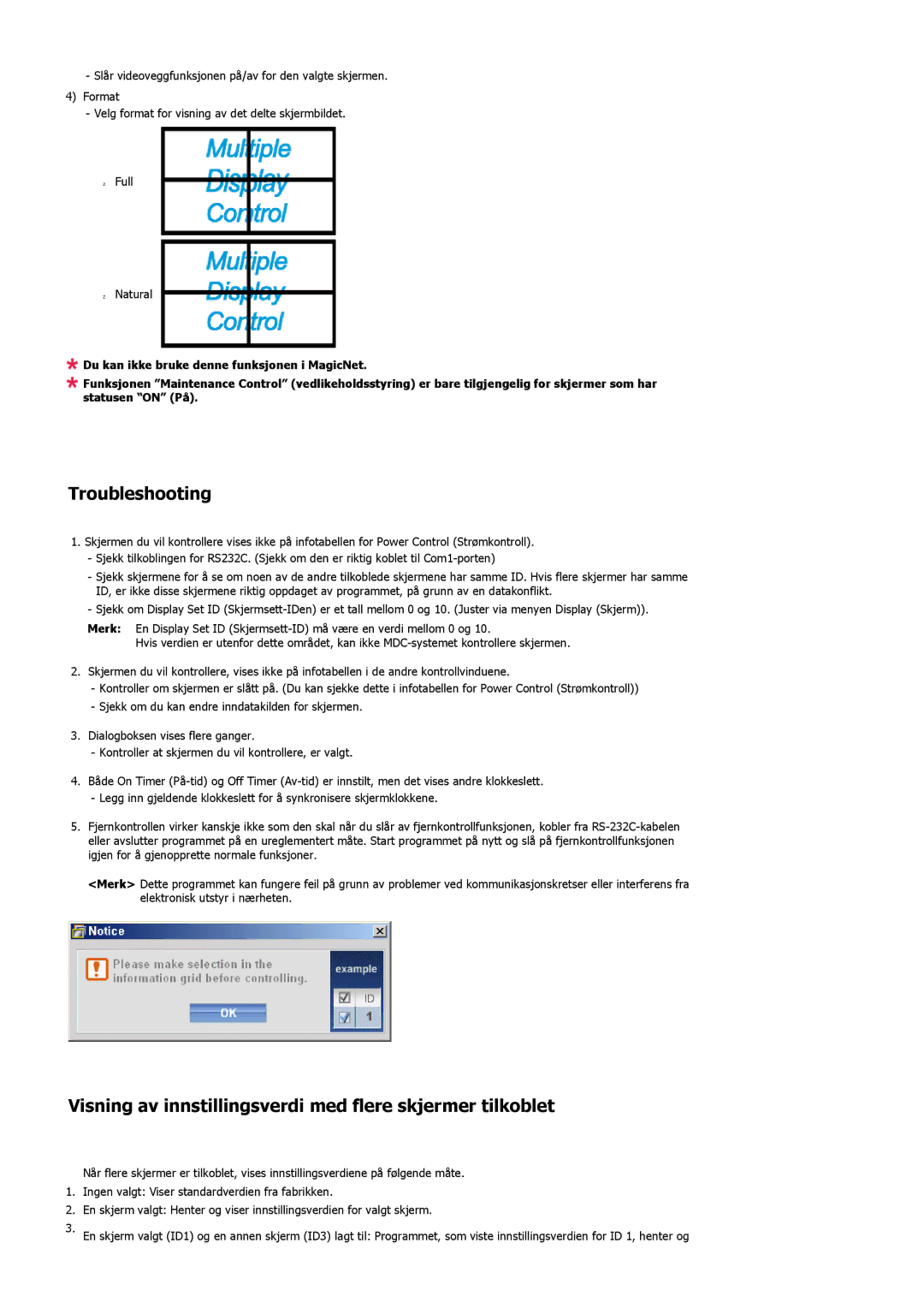 Samsung LS32BHLNS/EDC, LS32BHYNS/EDC manual Troubleshooting, Visning av innstillingsverdi med flere skjermer tilkoblet 