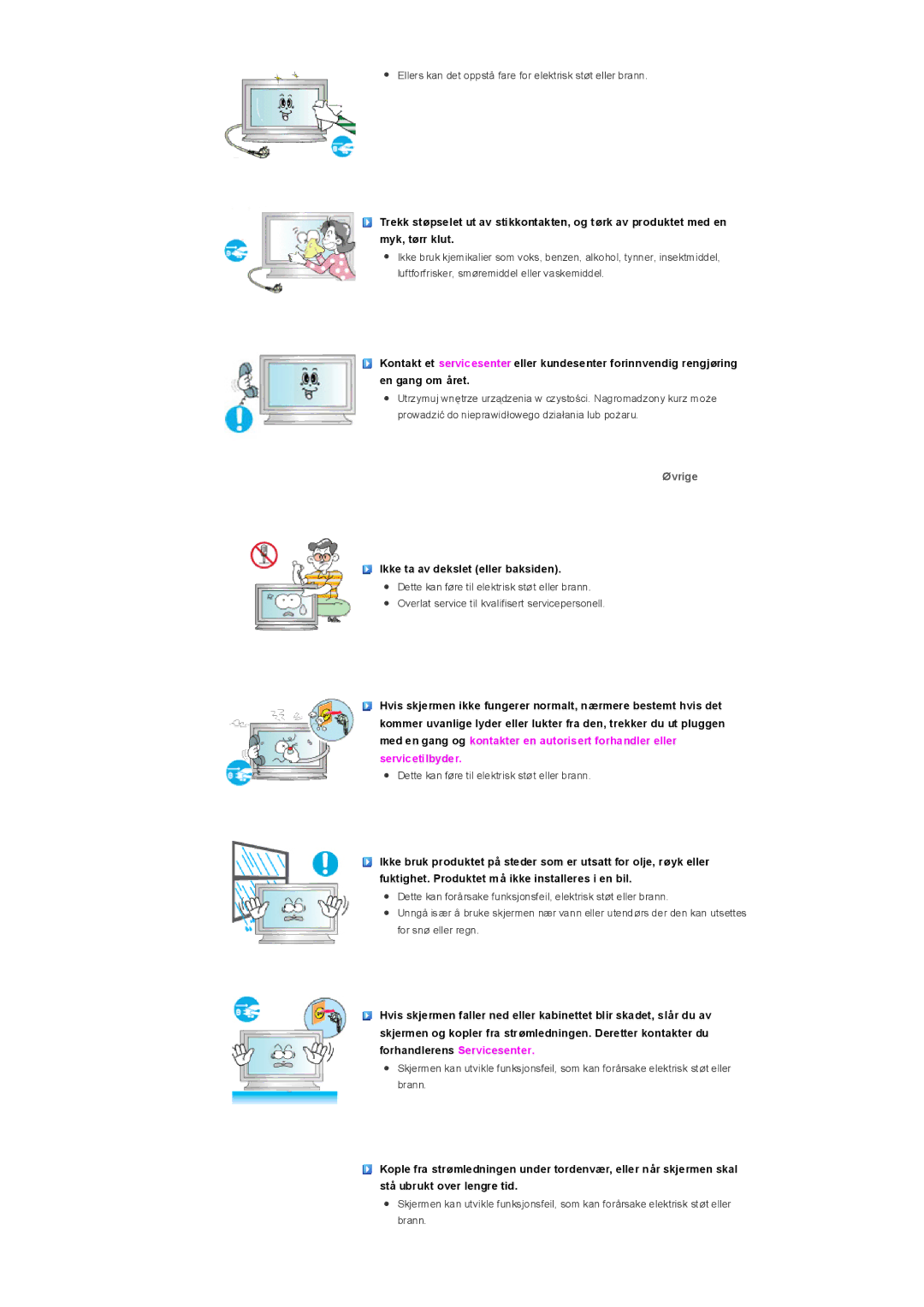 Samsung LS32BHPNS/EDC, LS32BHLNS/EDC, LS32BHYNS/EDC, LS32BHRNS/EDC manual Øvrige, Ikke ta av dekslet eller baksiden 