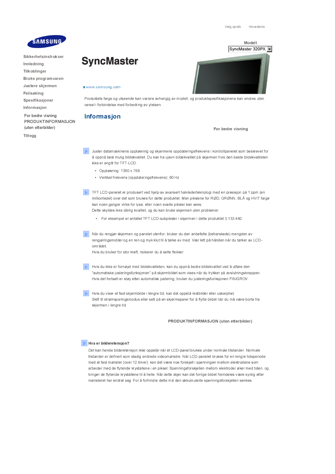 Samsung LS32BHLNS/EDC, LS32BHYNS/EDC manual Informasjon, Produktinformasjon uten etterbilder, Hva er bilderetensjon? 