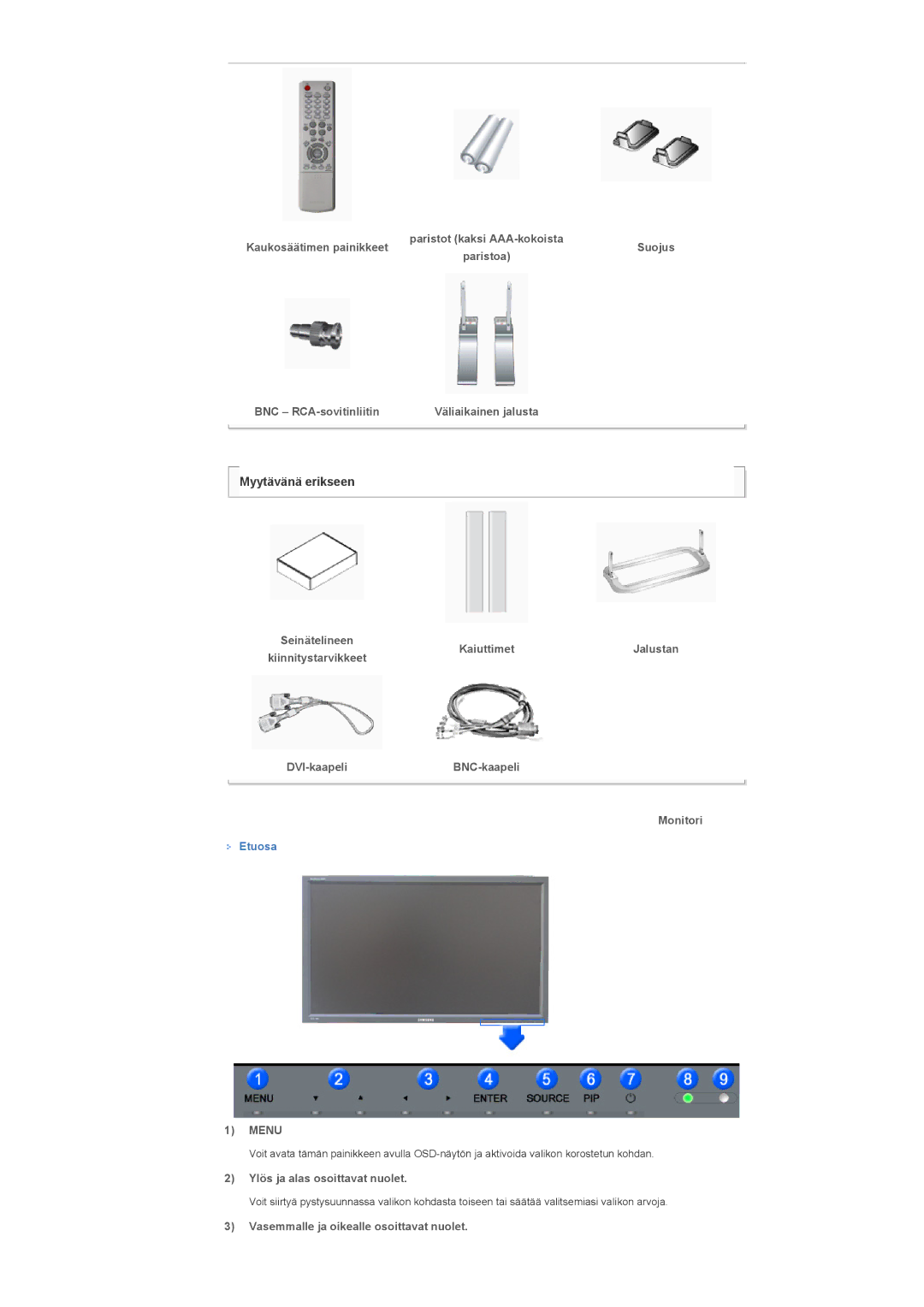 Samsung LS32BHLNS/EDC, LS32BHYNS/EDC, LS32BHPNS/EDC manual Myytävänä erikseen, Etuosa, Menu, Ylös ja alas osoittavat nuolet 