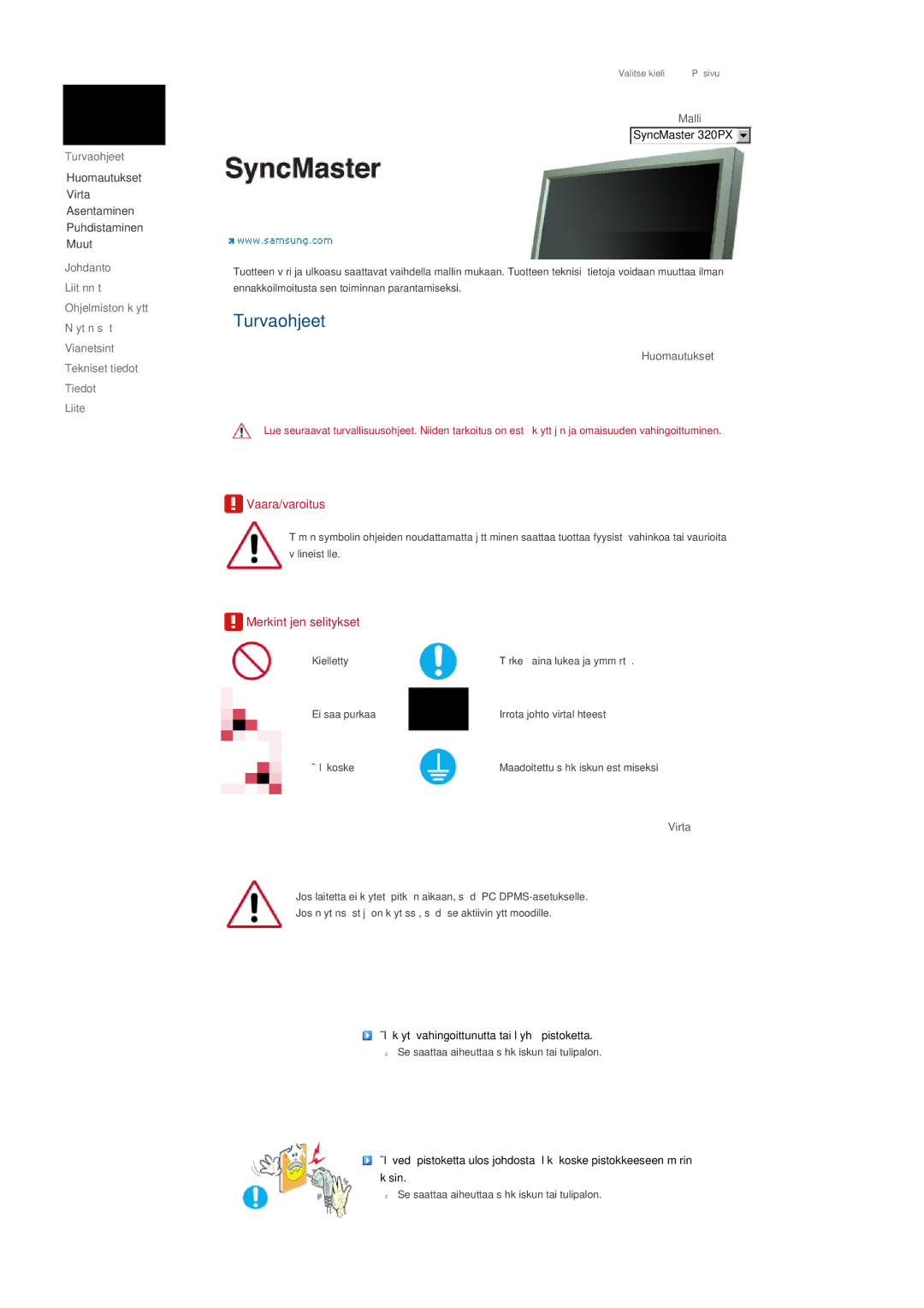 Samsung LS32BHPNS/EDC, LS32BHLNS/EDC, LS32BHYNS/EDC, LS32BHRNS/EDC manual Turvaohjeet, Malli, Huomautukset, Virta 