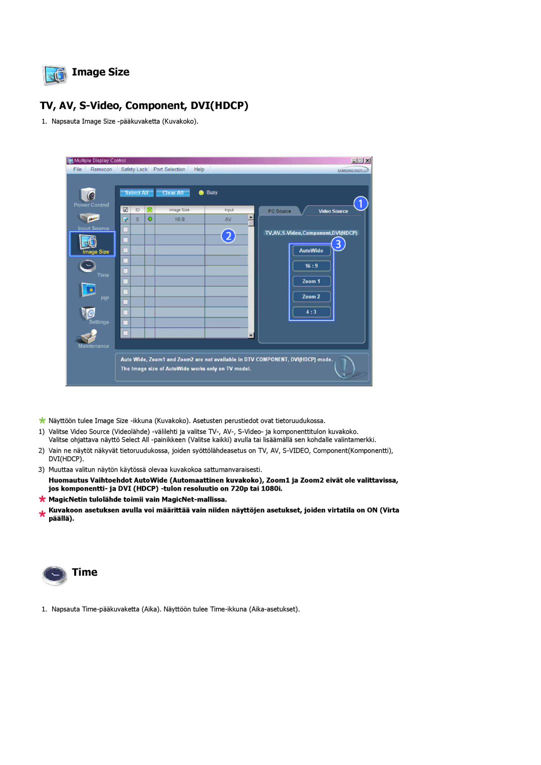 Samsung LS32BHLNS/EDC, LS32BHYNS/EDC, LS32BHPNS/EDC, LS32BHRNS/EDC manual Image Size TV, AV, S-Video, Component, Dvihdcp, Time 