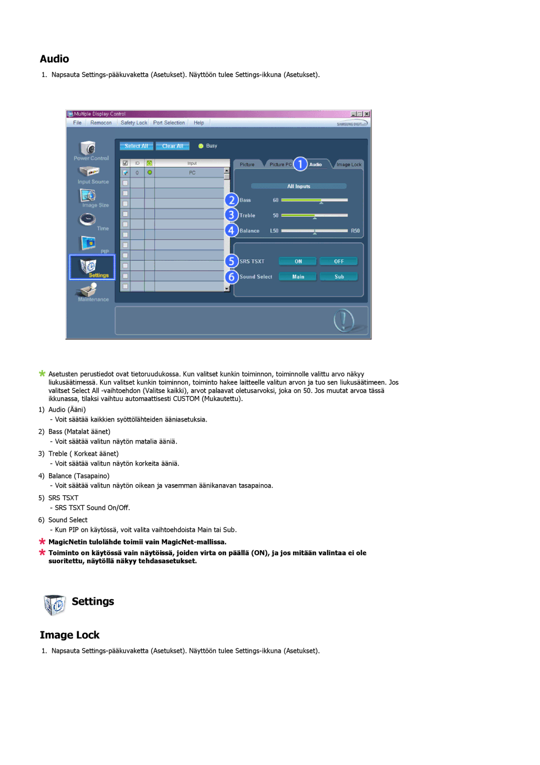 Samsung LS32BHPNS/EDC, LS32BHLNS/EDC, LS32BHYNS/EDC, LS32BHRNS/EDC manual Audio, Settings Image Lock 