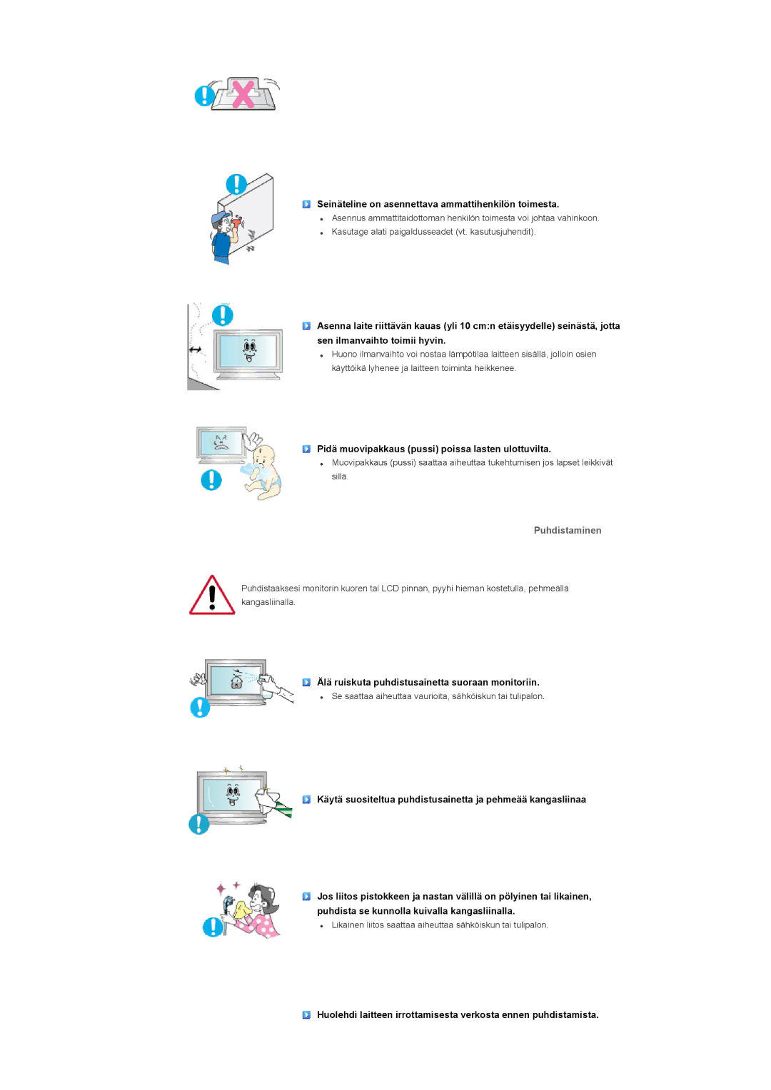 Samsung LS32BHYNS/EDC, LS32BHLNS/EDC, LS32BHPNS/EDC manual Seinäteline on asennettava ammattihenkilön toimesta, Puhdistaminen 