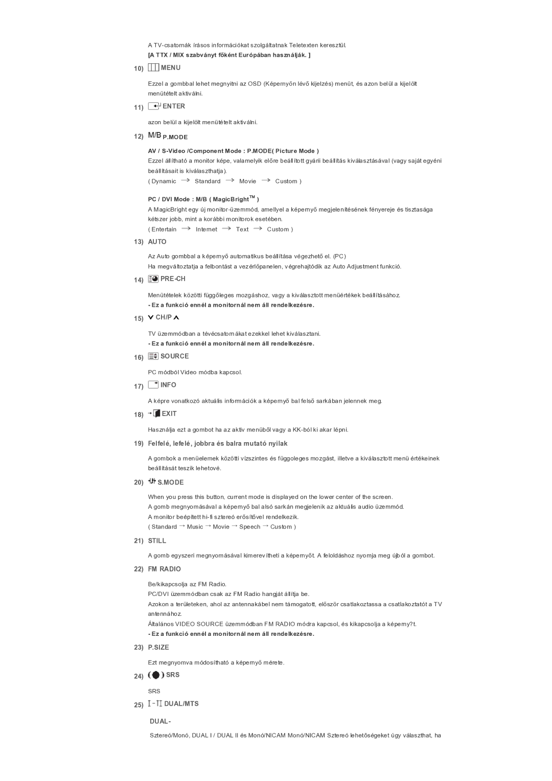 Samsung LS32BHYNS/EDC manual Menu, Enter, Auto, Pre-Ch, 15 CH/P, Info, Exit, Felfelé, lefelé, jobbra és balra mutató nyilak 