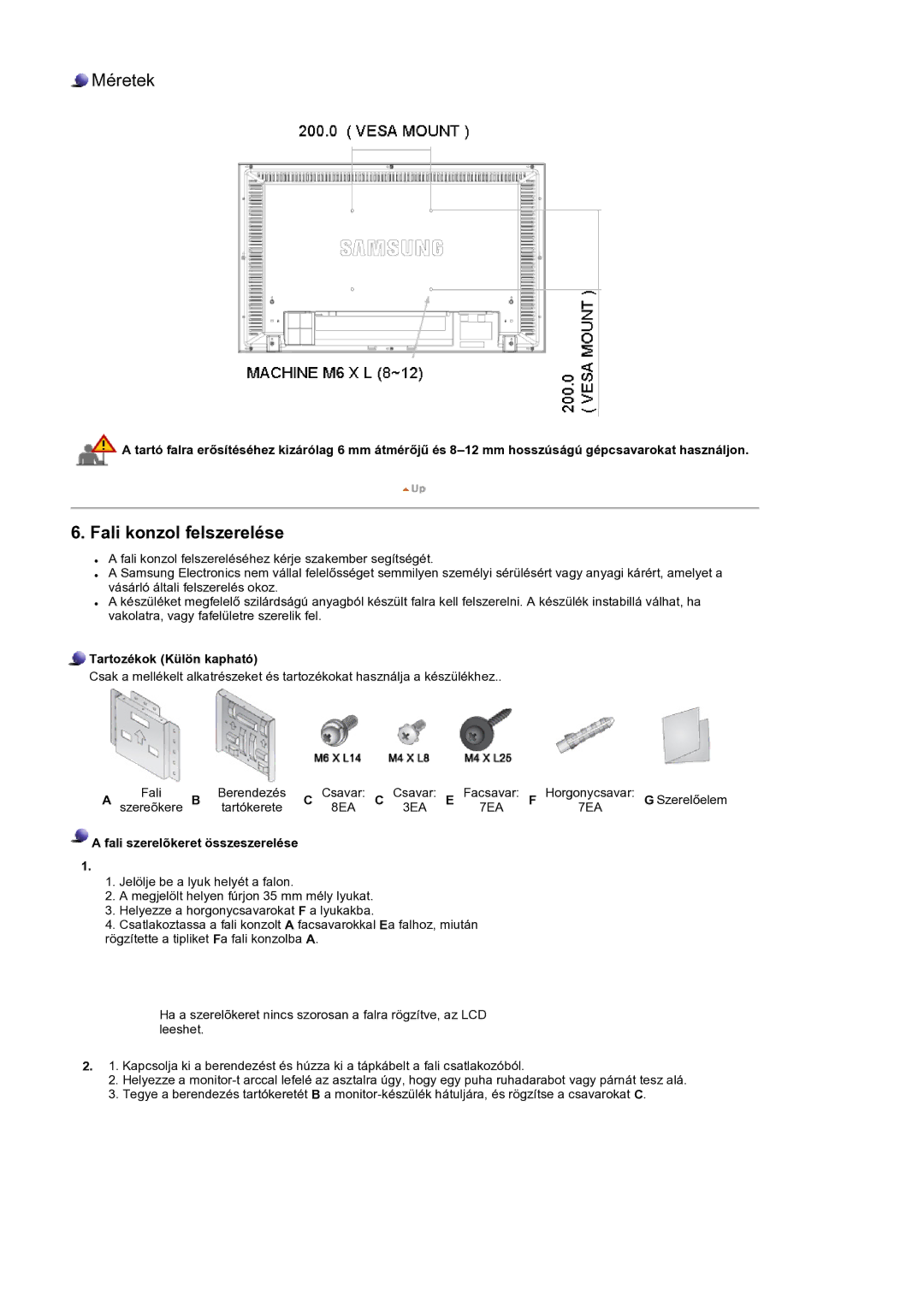 Samsung LS32BHYNS/EDC, LS32BHLNS/EDC, LS32BHPNS/EDC, LS32BHRNS/EDC manual Fali konzol felszerelése 