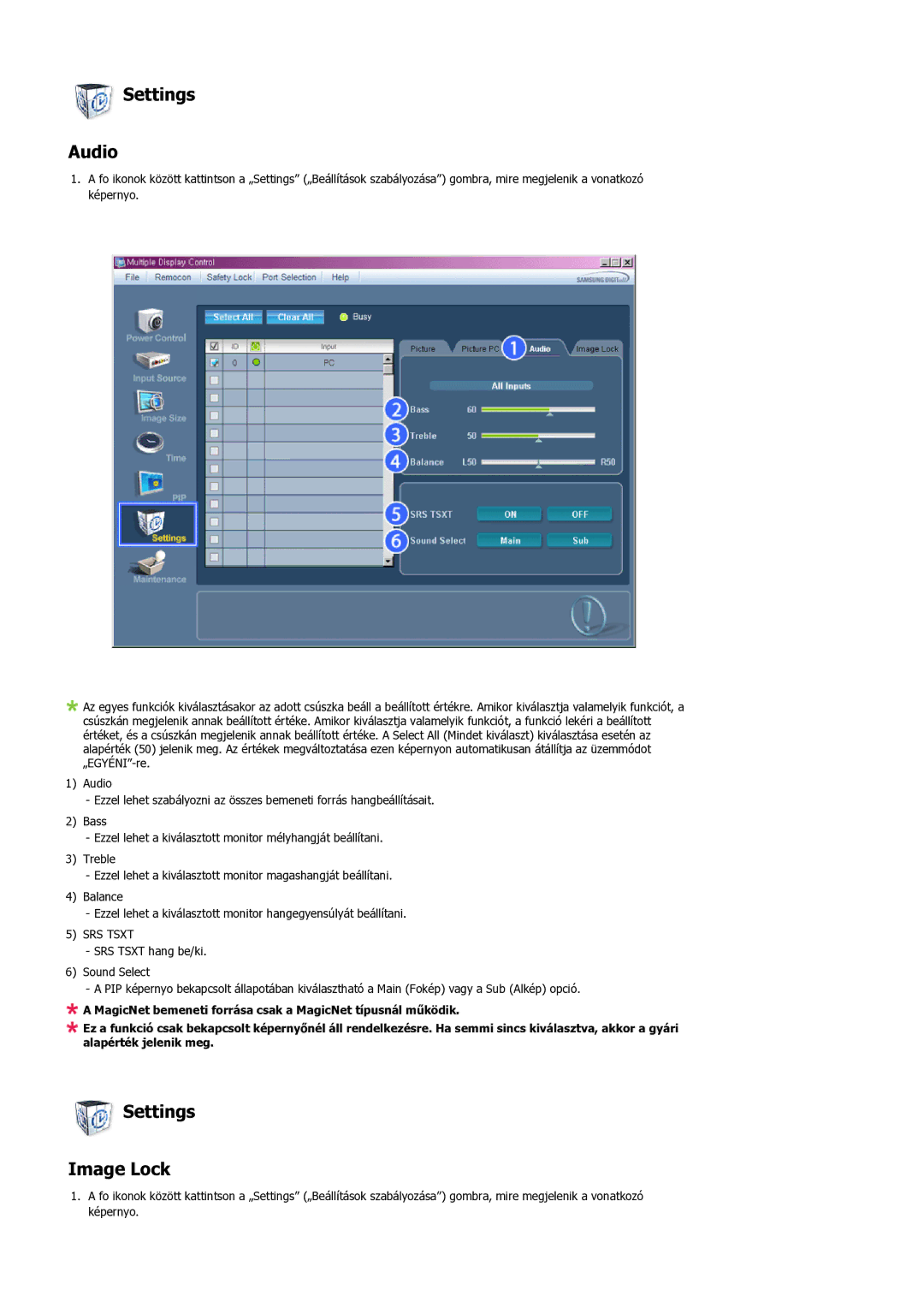 Samsung LS32BHRNS/EDC, LS32BHLNS/EDC, LS32BHYNS/EDC, LS32BHPNS/EDC manual Settings Audio, Settings Image Lock 