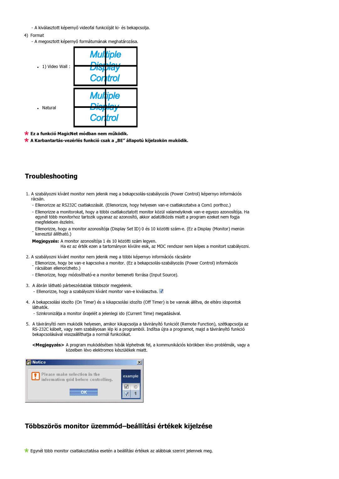 Samsung LS32BHLNS/EDC, LS32BHYNS/EDC manual Troubleshooting, Többszörös monitor üzemmód-beállítási értékek kijelzése 