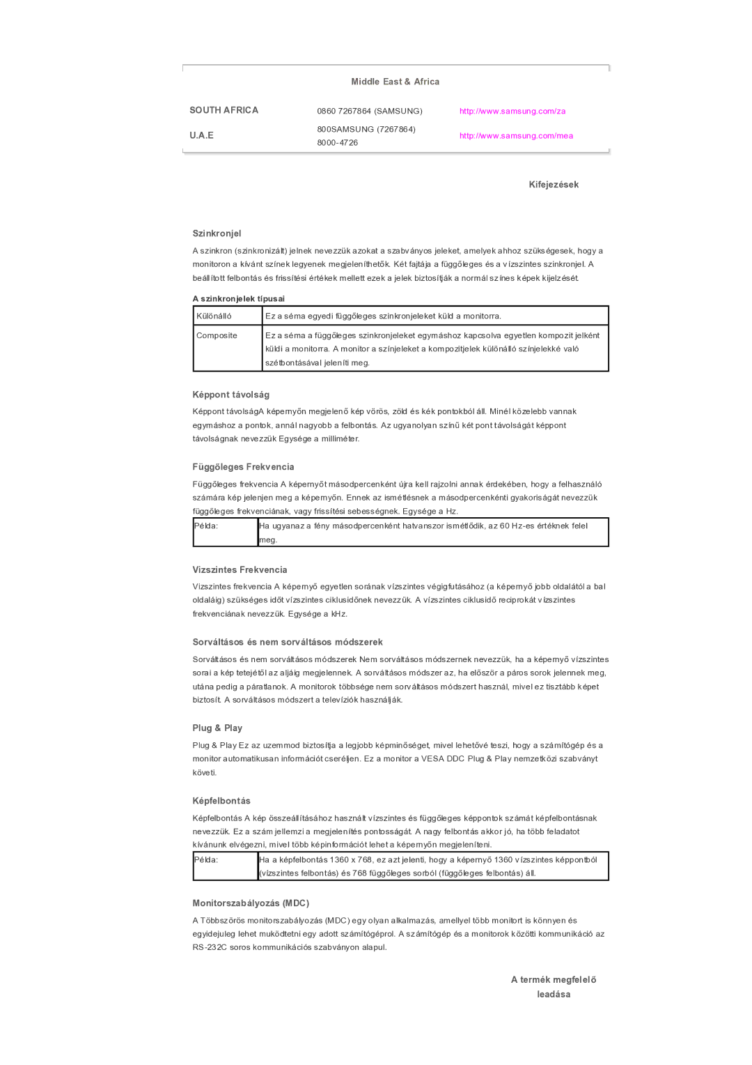 Samsung LS32BHPNS/EDC Kifejezések Szinkronjel, Képpont távolság, Függőleges Frekvencia, Vizszintes Frekvencia, Plug & Play 