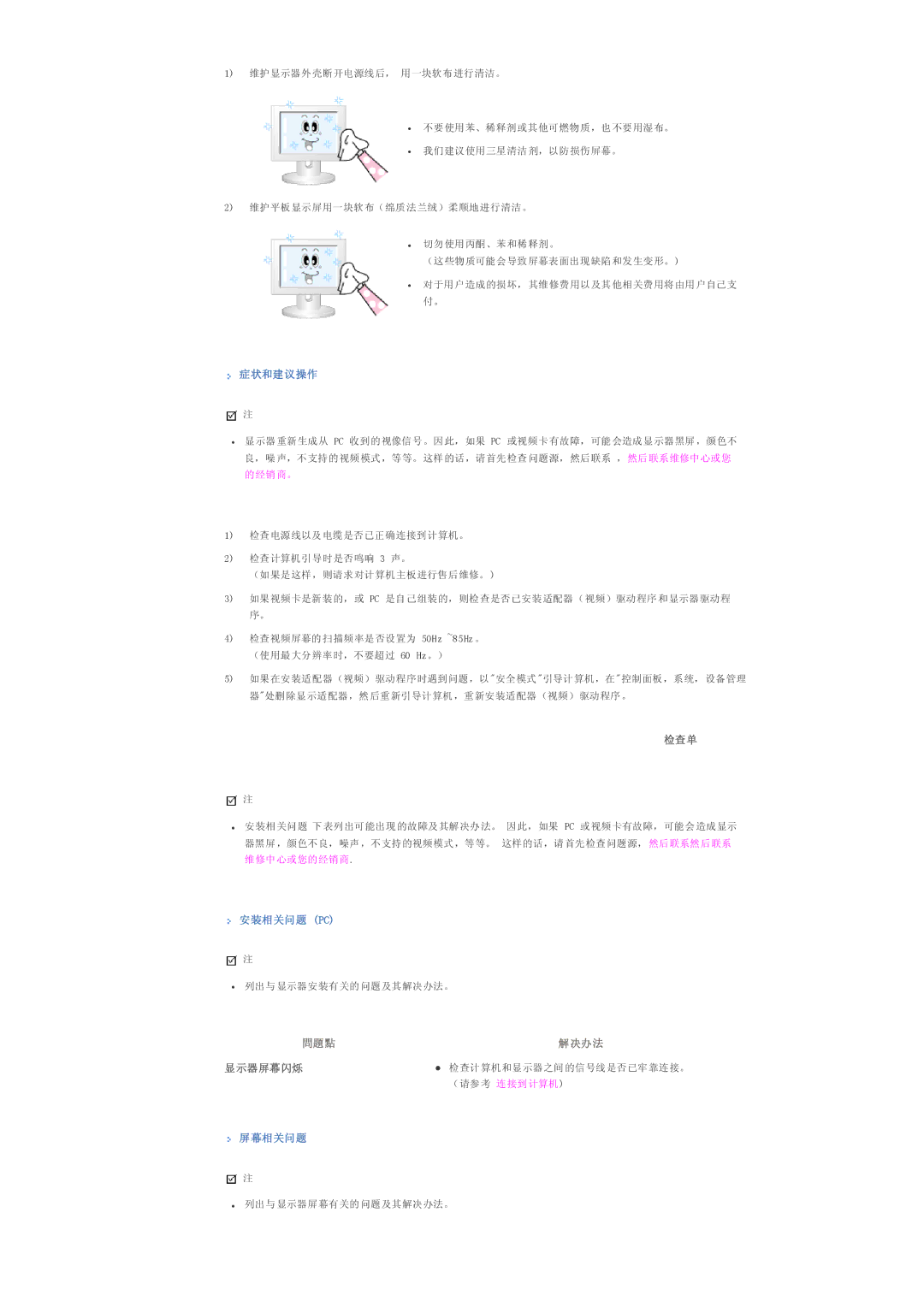 Samsung LS32BHLNS/EDC, LS32BHYNS/EDC, LS32BHPNS/EDC, LS32BHRNS/EDC manual 症状和建议操作, 检查单, 安装相关问题 Pc, 显示器屏幕闪烁, 屏幕相关问题 