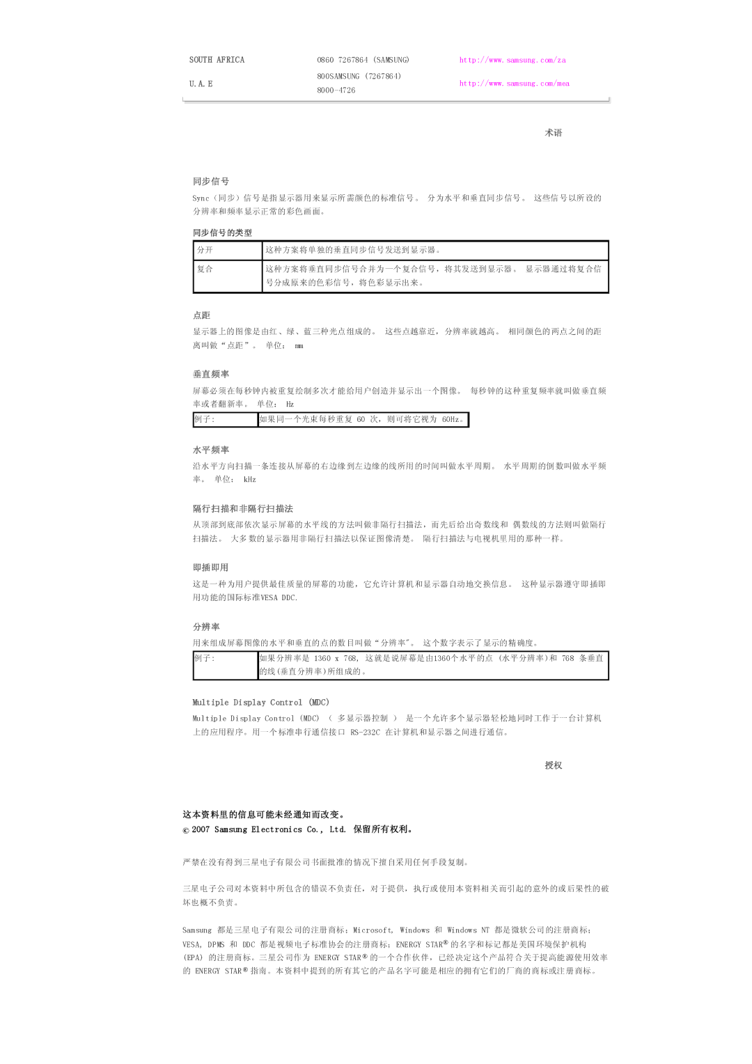 Samsung LS32BHLNS/EDC, LS32BHYNS/EDC, LS32BHPNS/EDC 同步信号, 垂直频率, 水平频率, 隔行扫描和非隔行扫描法, 即插即用, 分辨率, Multiple Display Control MDC 