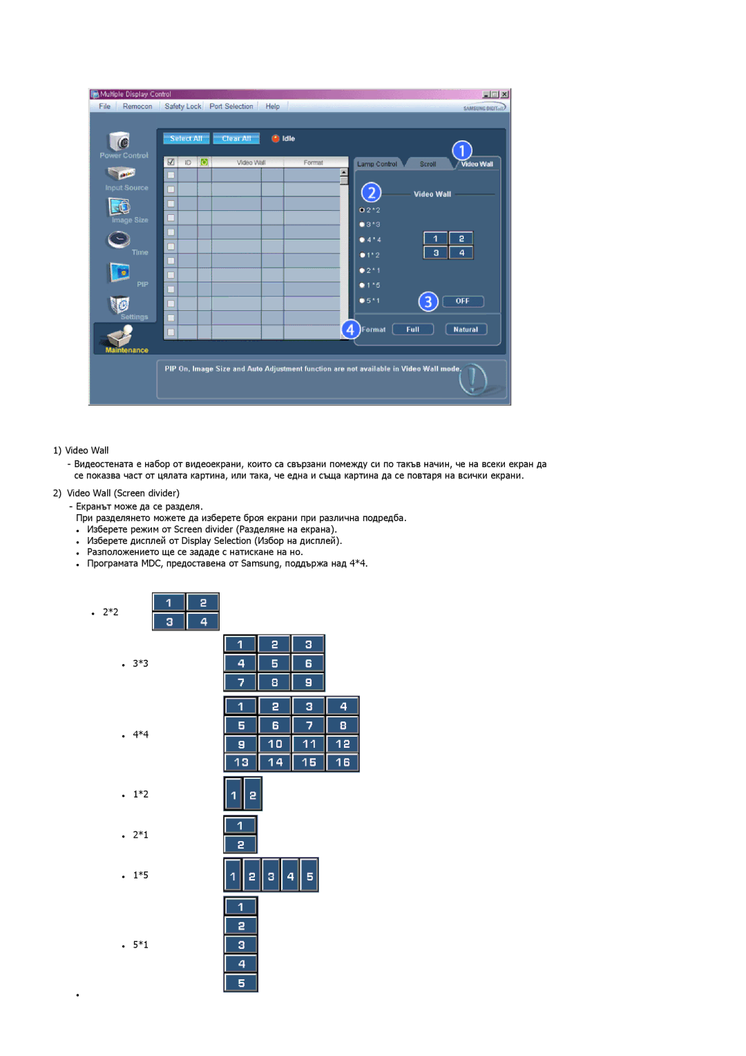 Samsung LS32BHPNS/EDC, LS32BHLNS/EDC, LS32BHYNS/EDC manual Програмата MDC, предоставена от Samsung, поддържа над 4*4 