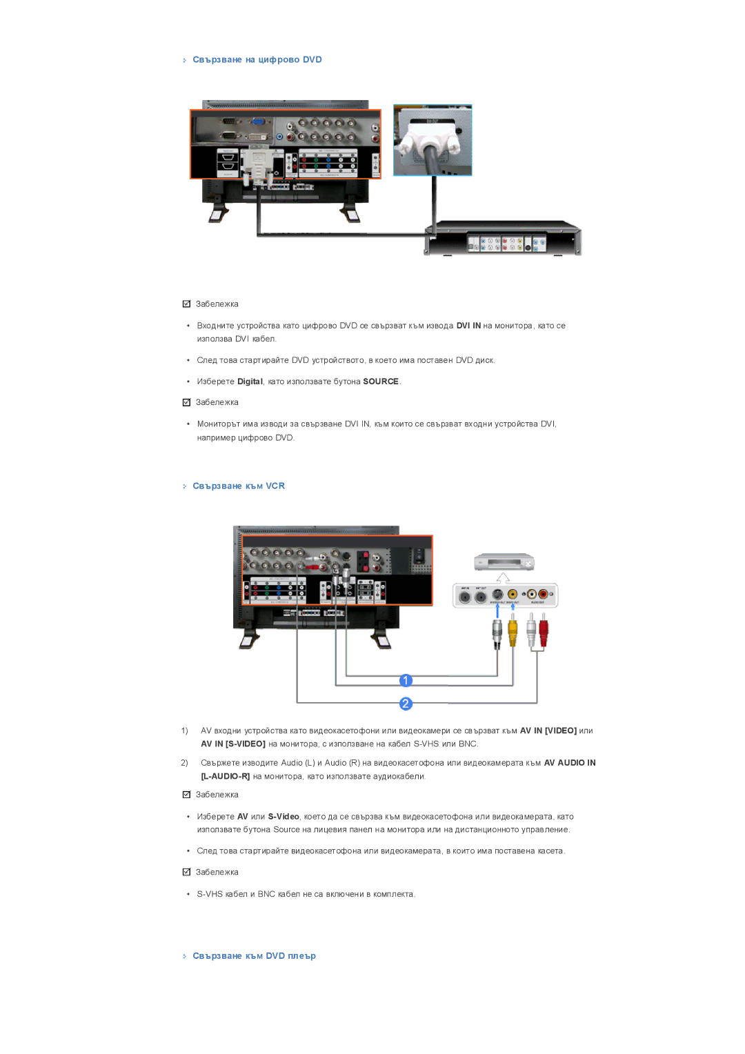 Samsung LS32BHPNS/EDC, LS32BHLNS/EDC, LS32BHYNS/EDC Свързване на цифрово DVD, Свързване към VCR, Свързване към DVD плеър 