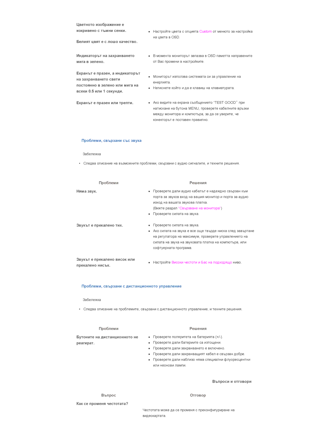 Samsung LS32BHLNS/EDC manual Екранът е празен или трепти, Няма звук, Звукът е прекалено тих, Звукът е прекалено висок или 