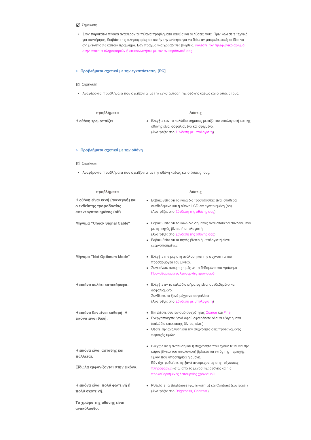 Samsung LS32BHYNS/EDC manual Προβλήµατα σχετικά µε την εγκατάσταση. PC, Οθόνη τρεµοπαίζει, Προβλήµατα σχετικά µε την οθόνη 