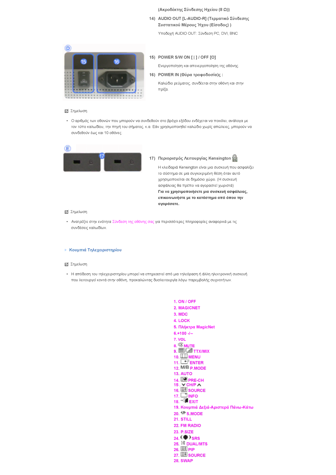 Samsung LS32BHLNS/EDC manual Power S/W on / OFF O, Power in Θύρα τροφοδοσίας, 17 Περιορισµός Λειτουργίας Kensington 