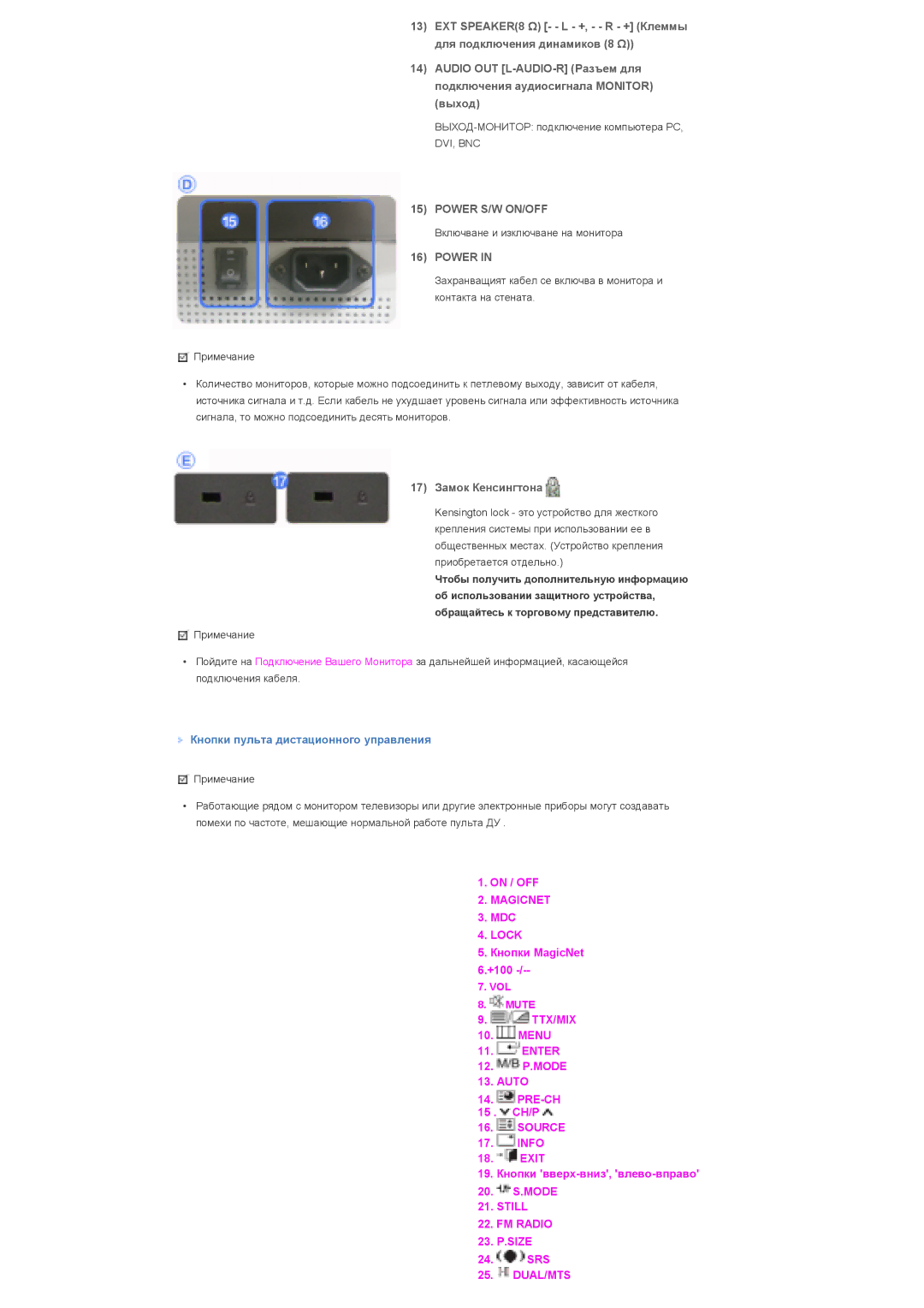 Samsung LS32BHLNS/EDC, LS32BHPNSF/EDC manual Power S/W ON/OFF, 17 Замок Кенсингтона, Кнопки пульта дистационного управления 