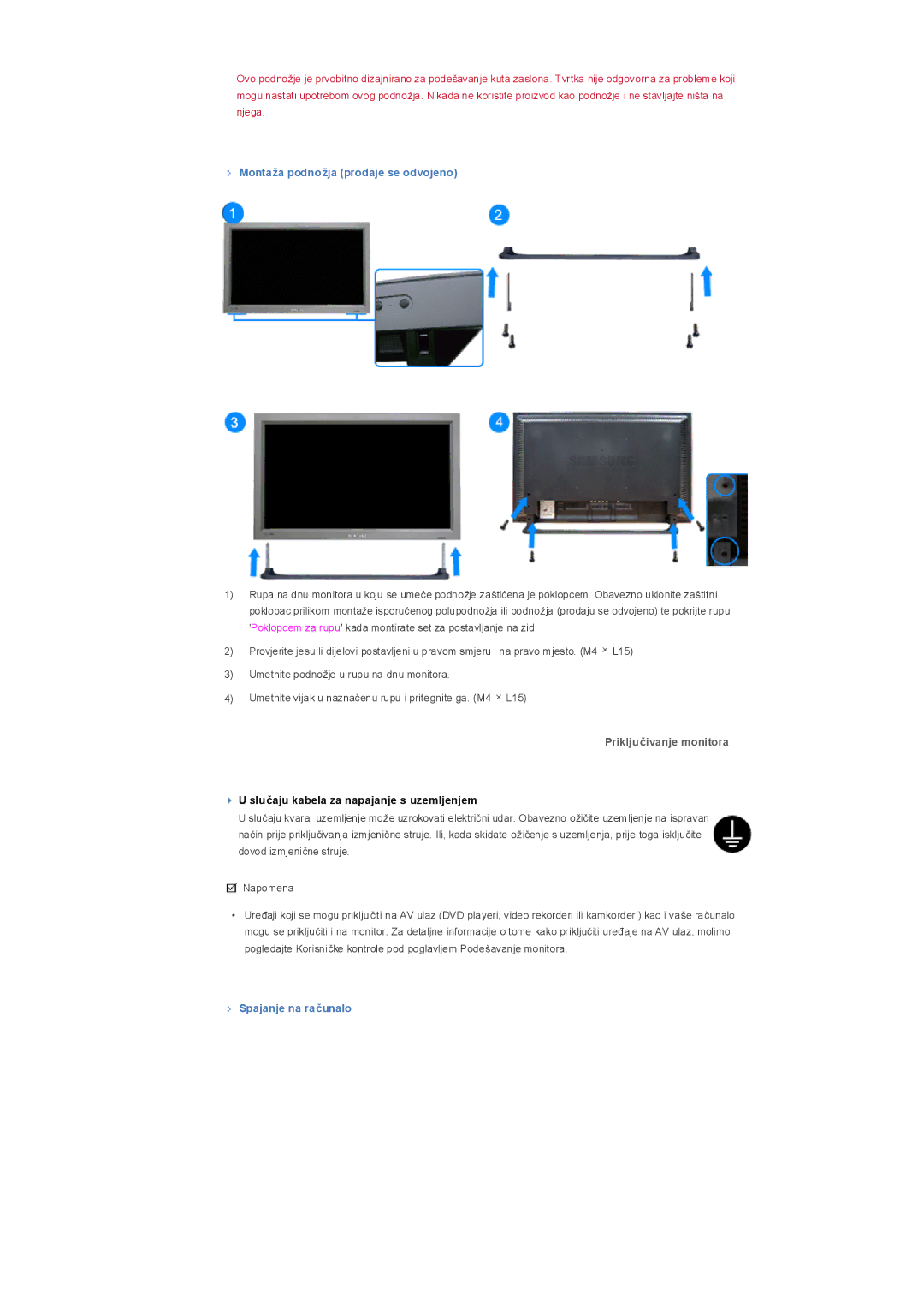 Samsung LS32BHPNS/EDC, LS32BHYNS/EDC, LS32BHYNB/EDC manual Montaža podnožja prodaje se odvojeno, Spajanje na računalo 