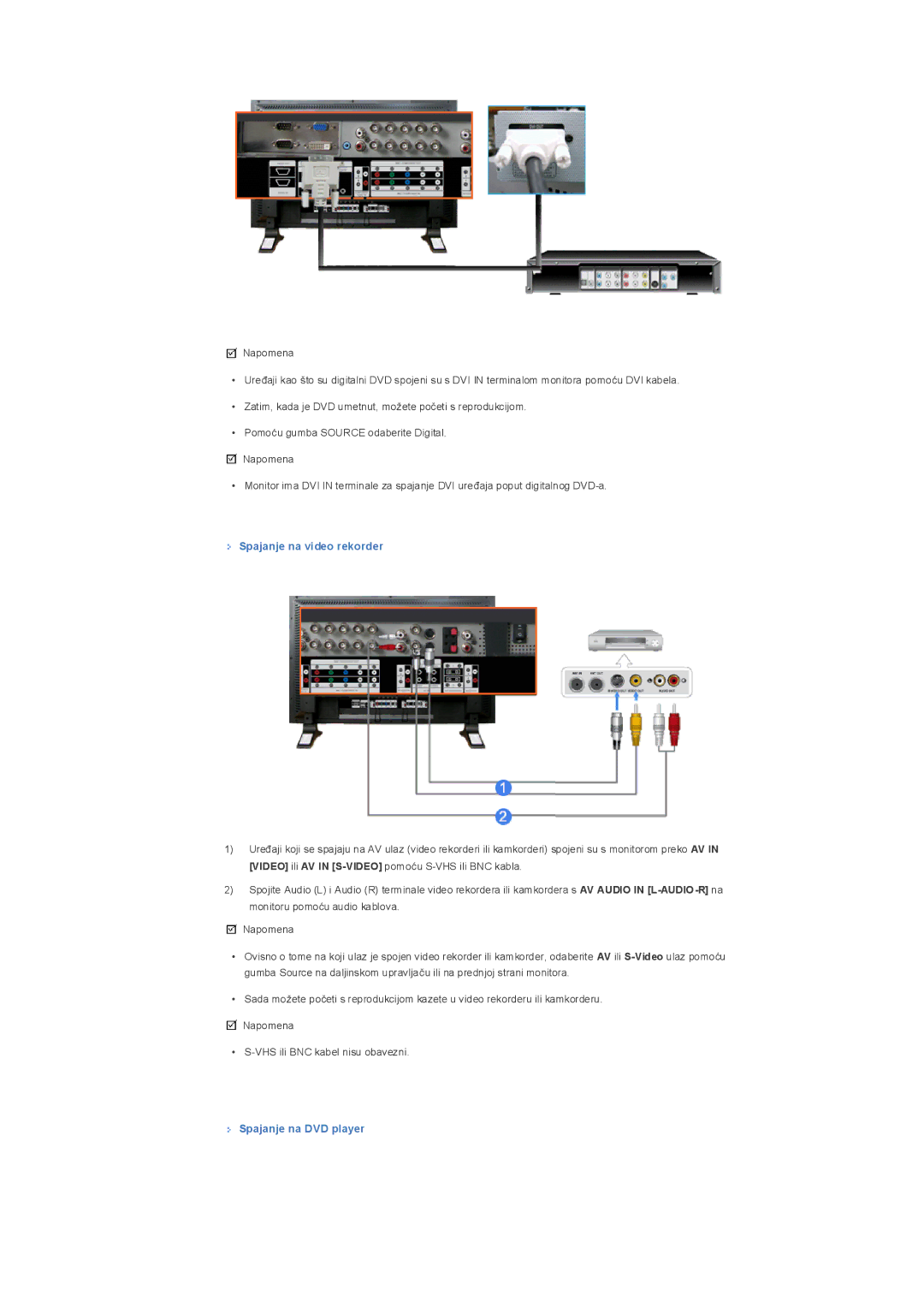 Samsung LS32BHYNS/EDC, LS32BHPNS/EDC, LS32BHYNB/EDC manual Spajanje na video rekorder, Spajanje na DVD player 