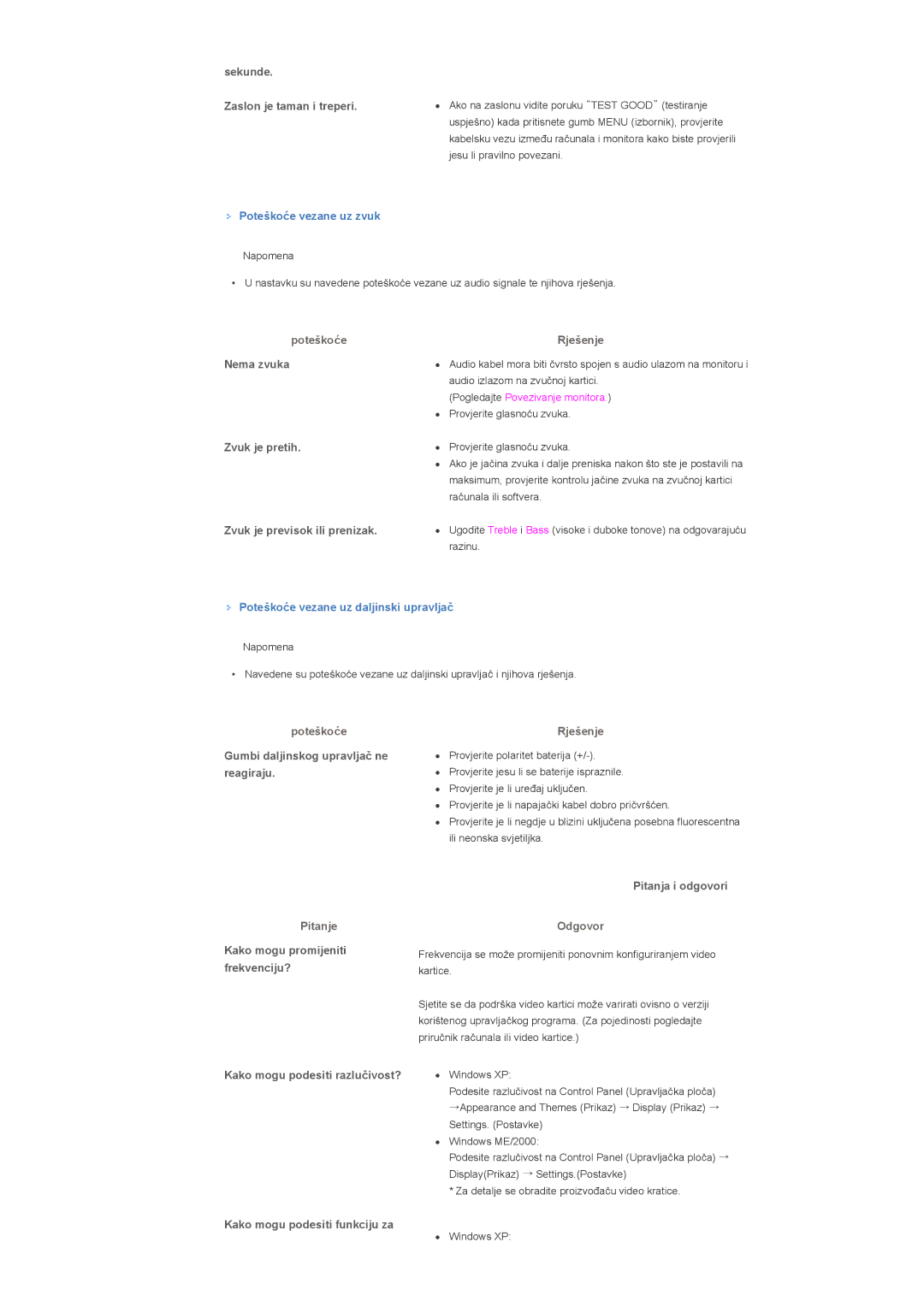 Samsung LS32BHPNS/EDC manual Sekunde Zaslon je taman i treperi, Nema zvuka Zvuk je pretih Zvuk je previsok ili prenizak 