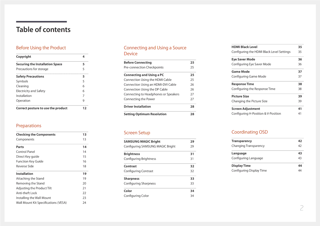 Samsung LS32E590CS/EN, LS32E590CS/CI manual Table of contents 