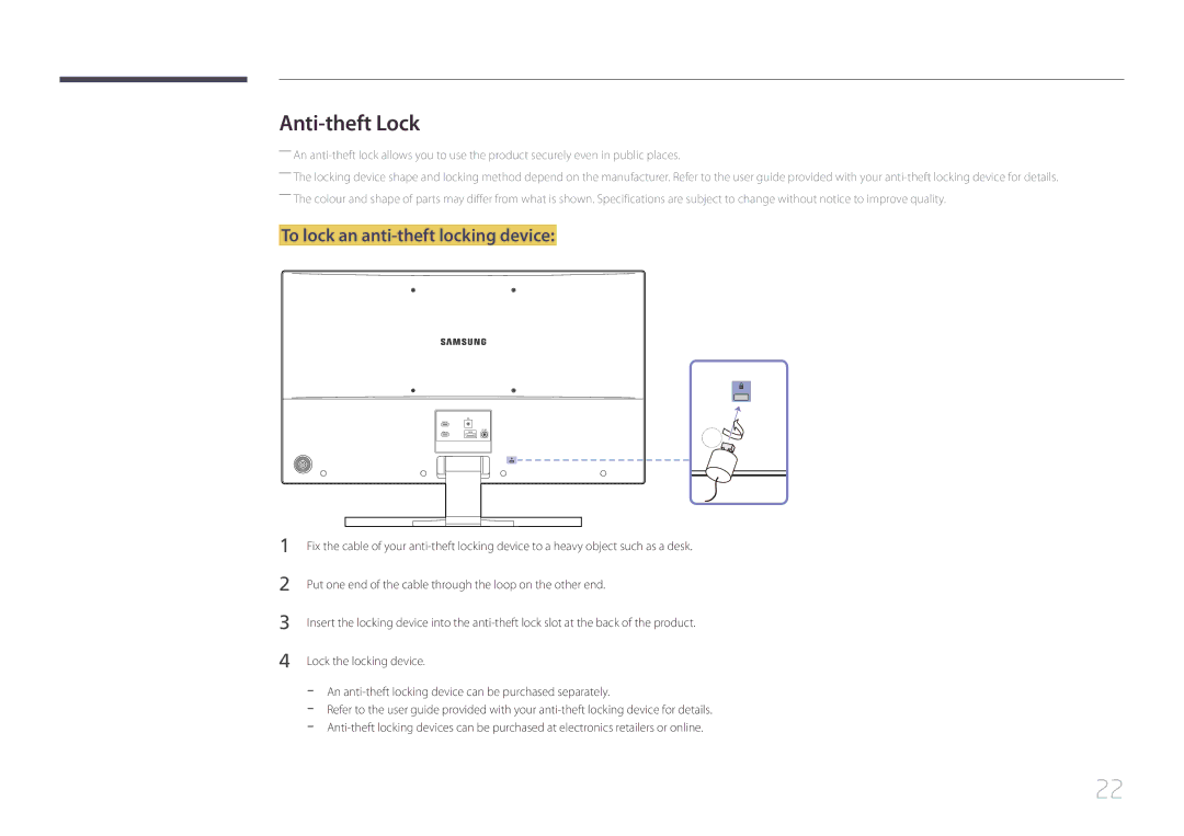 Samsung LS32E590CS/EN, LS32E590CS/CI manual Anti-theft Lock, To lock an anti-theft locking device 