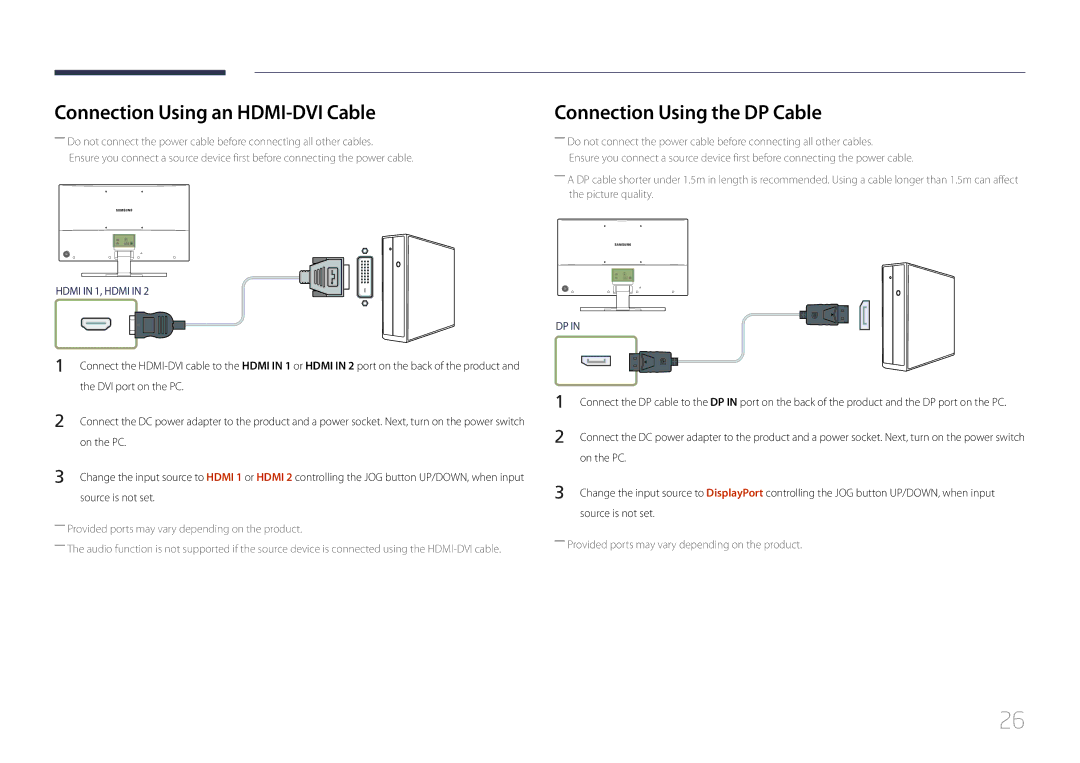 Samsung LS32E590CS/EN Connection Using an HDMI-DVI Cable, Connection Using the DP Cable, DVI port on the PC, On the PC 