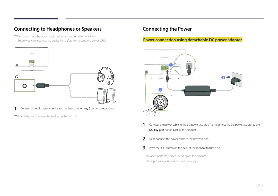 Samsung LS32E590CS/CI, LS32E590CS/EN manual Connecting to Headphones or Speakers, Connecting the Power 