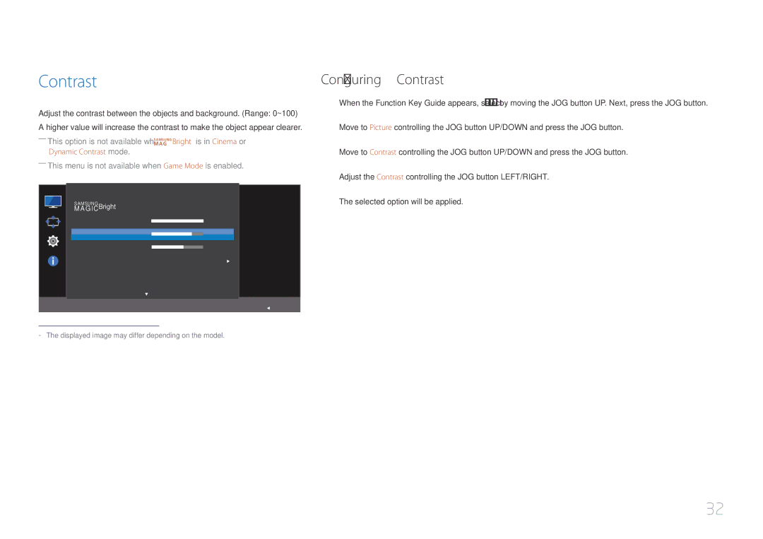 Samsung LS32E590CS/EN, LS32E590CS/CI manual Configuring Contrast, Dynamic Contrast mode 