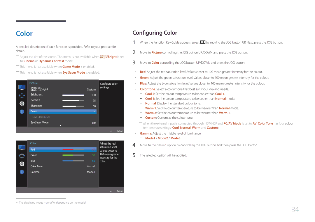 Samsung LS32E590CS/EN manual Configuring Color, Gamma Adjust the middle level of luminance, Mode1 / Mode2 / Mode3 