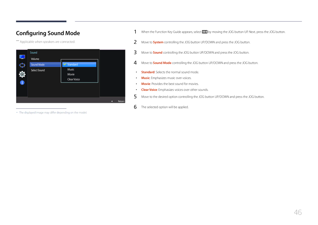 Samsung LS32E590CS/EN, LS32E590CS/CI manual Configuring Sound Mode, ――Applicable when speakers are connected 