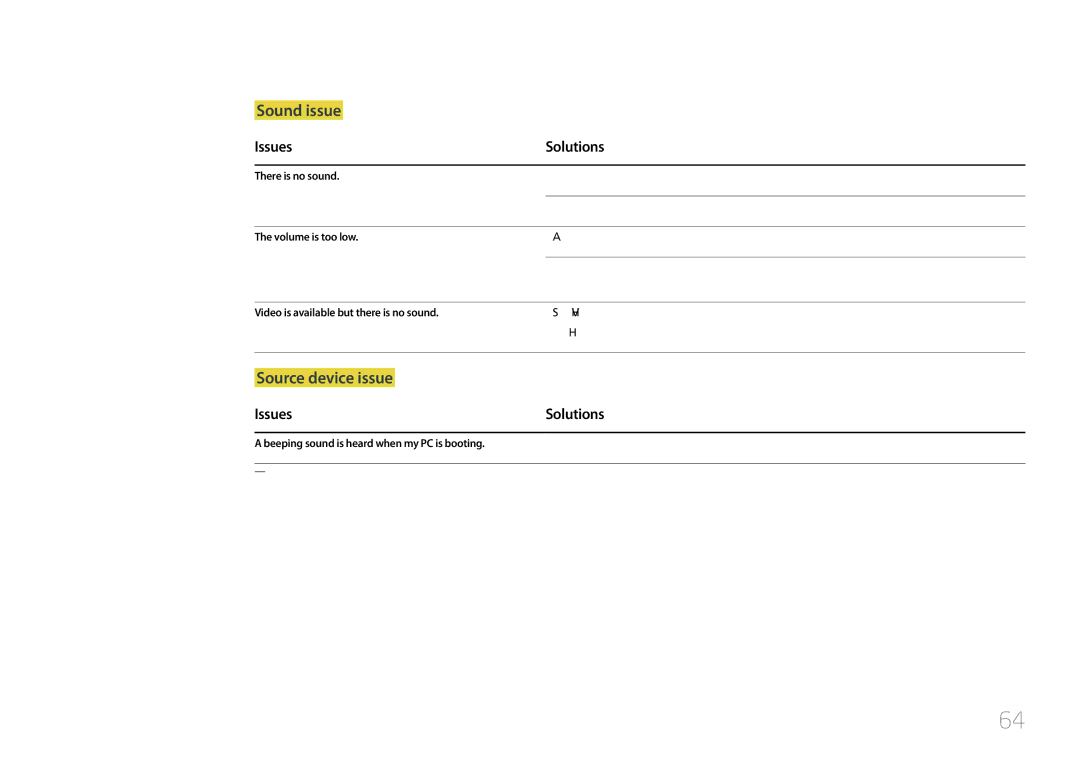 Samsung LS32E590CS/EN There is no sound, Check the volume, Volume is too low, Video is available but there is no sound 