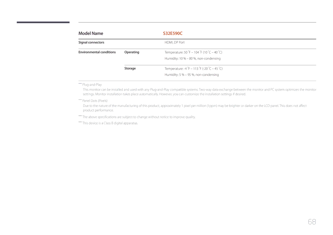 Samsung LS32E590CS/EN, LS32E590CS/CI manual Signal connectors, Environmental conditions Operating, Storage 