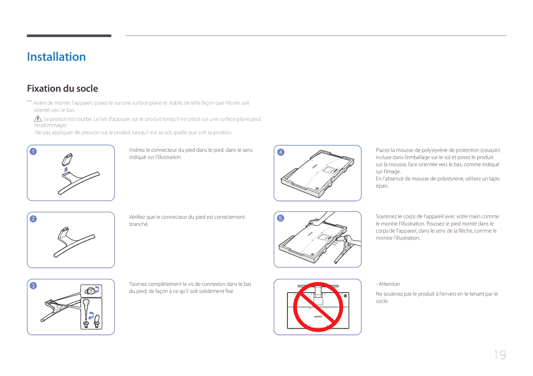 Samsung LS32E590CS/EN manual Installation, Fixation du socle, Du pied, de façon à ce quil soit solidement fixé 