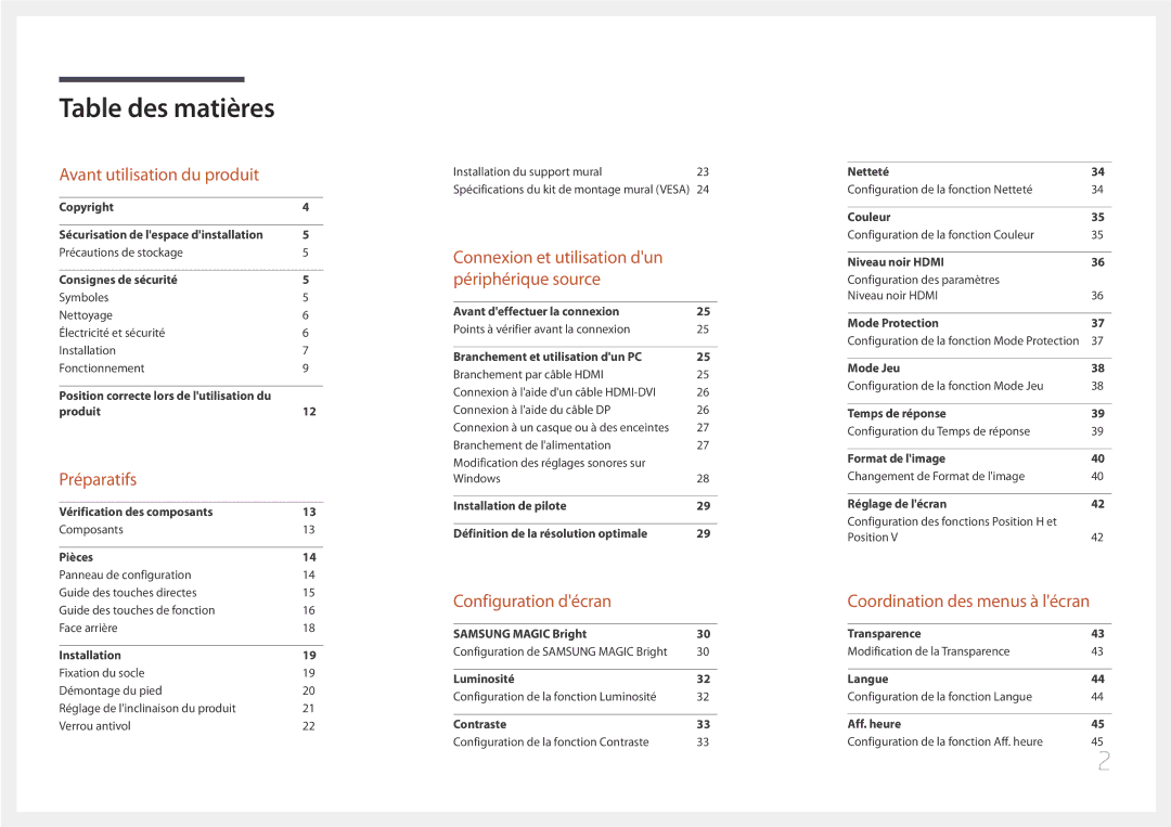Samsung LS32E590CS/EN manual Table des matières 