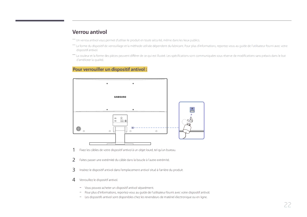 Samsung LS32E590CS/EN manual Verrou antivol, Pour verrouiller un dispositif antivol 