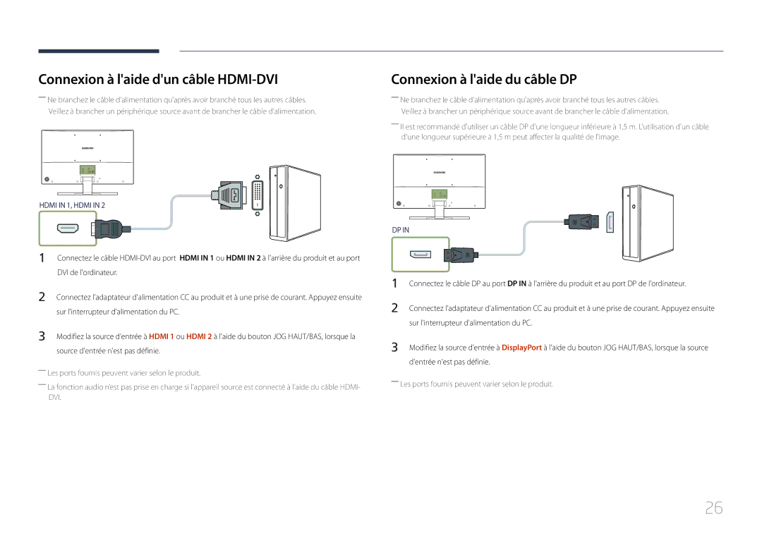 Samsung LS32E590CS/EN manual Connexion à laide dun câble HDMI-DVI, Connexion à laide du câble DP 