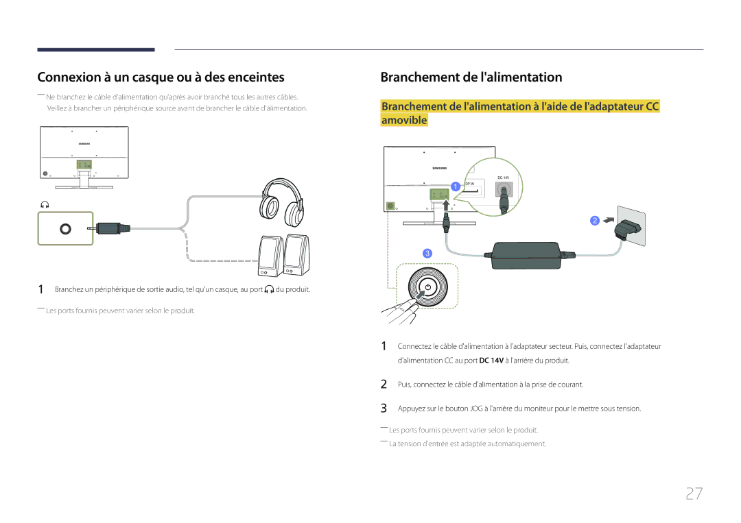 Samsung LS32E590CS/EN manual Connexion à un casque ou à des enceintes, Branchement de lalimentation 