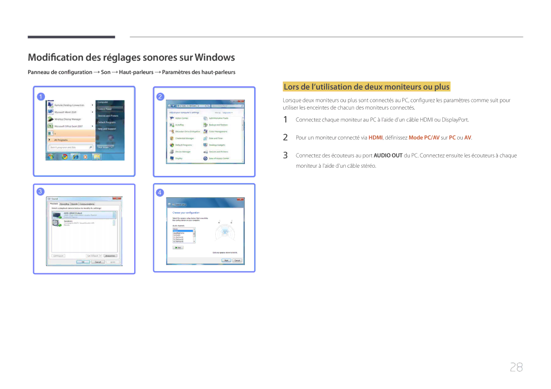 Samsung LS32E590CS/EN manual Modification des réglages sonores sur Windows, Moniteur à l’aide d’un câble stéréo 