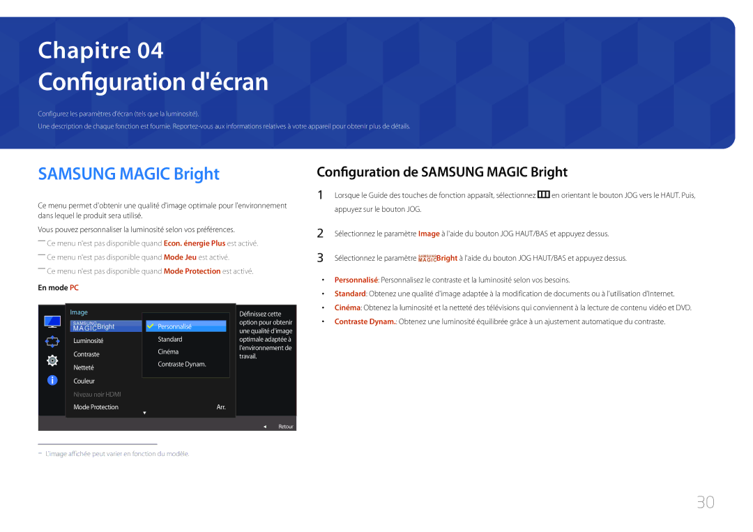 Samsung LS32E590CS/EN manual Configuration décran, Configuration de Samsung Magic Bright, En mode PC 