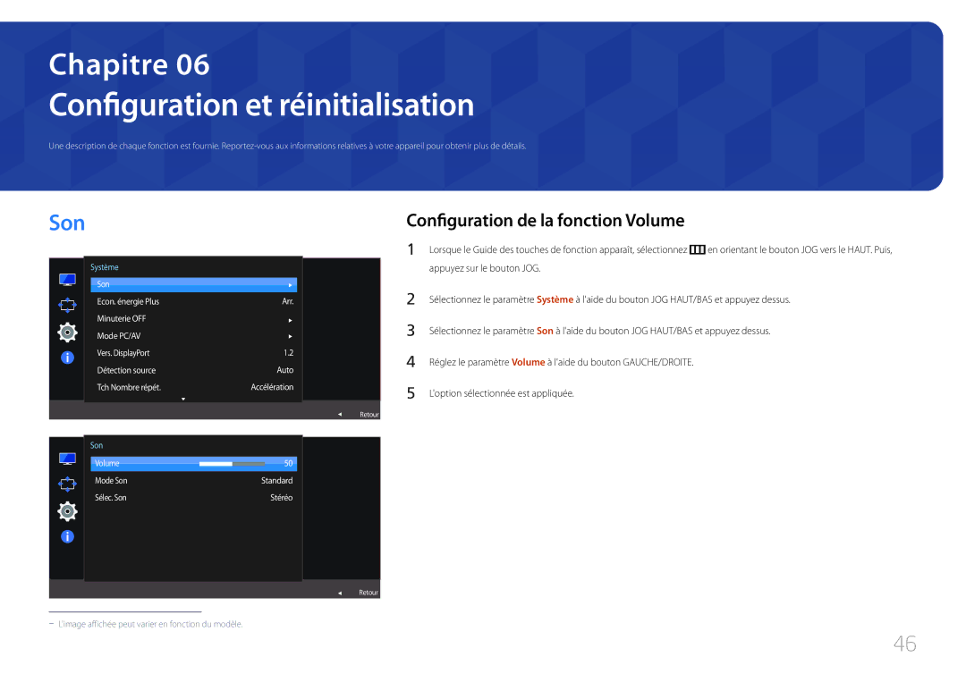 Samsung LS32E590CS/EN manual Configuration et réinitialisation, Son, Configuration de la fonction Volume 