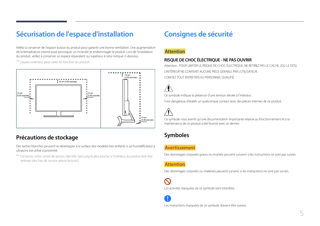 Samsung LS32E590CS/EN Sécurisation de lespace dinstallation, Consignes de sécurité, Précautions de stockage, Symboles 