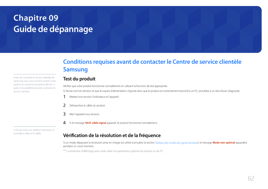 Samsung LS32E590CS/EN manual Guide de dépannage, Test du produit, Vérification de la résolution et de la fréquence 